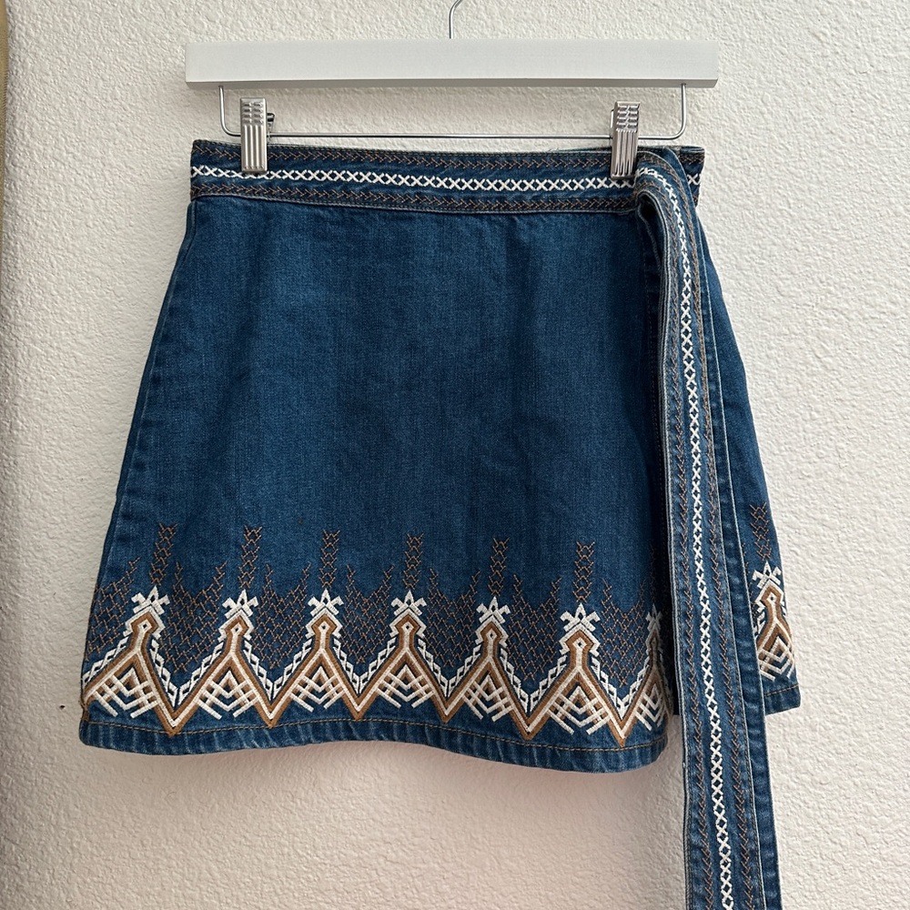 FREE PEOPLE Dream Away Denim WRAP Mini Skirt Embroidered NWOT